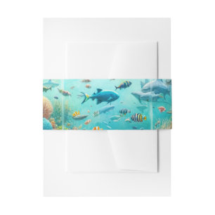 Sharks & Fish Aquatic Watercolor Aquarium Wedding Invitation Belly Band