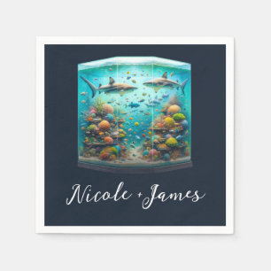 Sharks & Fish Aquatic Watercolor Aquarium Wedding Napkin