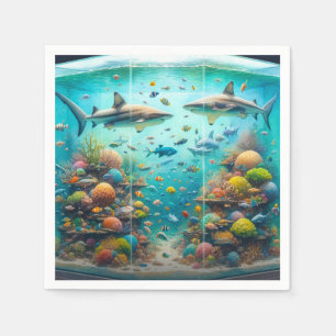 Sharks & Fish Aquatic Watercolor Aquarium Wedding Napkin
