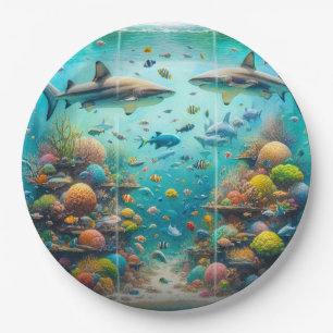 Sharks & Fish Aquatic Watercolor Aquarium Wedding Paper Plate