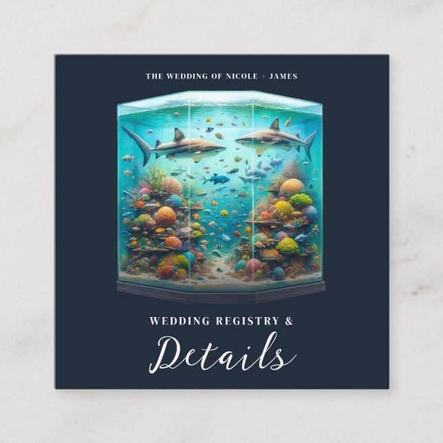 Sharks & Fish Aquatic Watercolor Aquarium Wedding Square Business Card (Front)