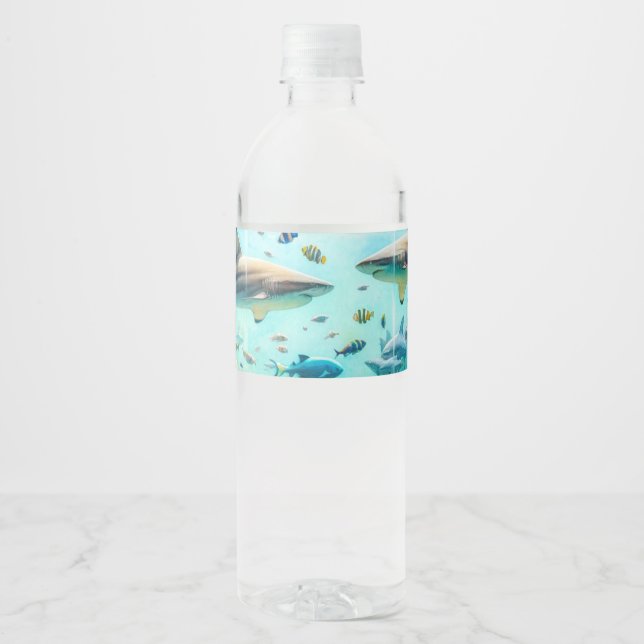 Sharks & Fish Aquatic Watercolor Aquarium Wedding Water Bottle Label (Front)