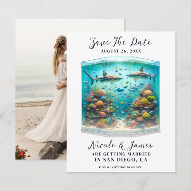 Sharks & Fish Aquatic Watercolor Save the Date  Invitation (Front/Back)