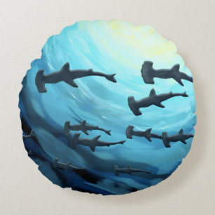 Sharks in Silhouette with Sun Ball Round Pillow