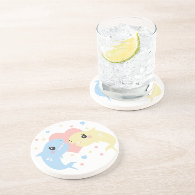 Sharks Love Heart Funny Cartoon Pastel Coaster (Side)