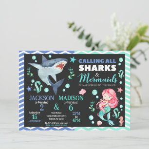 Sharks & Mermaids Joint Birthday   Pool Party Invitation