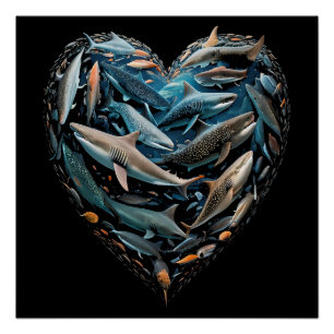 Sharks Ocean Beach Lovers Love Heart Poster