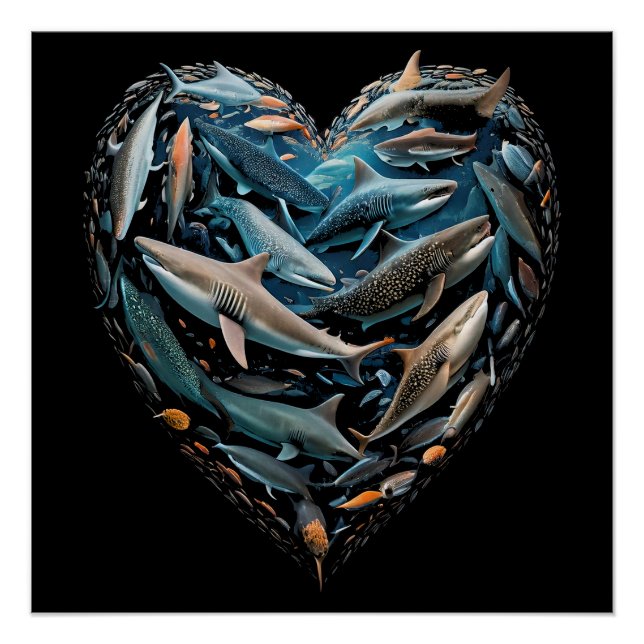 Sharks Ocean Beach Lovers Love Heart Poster (Front)
