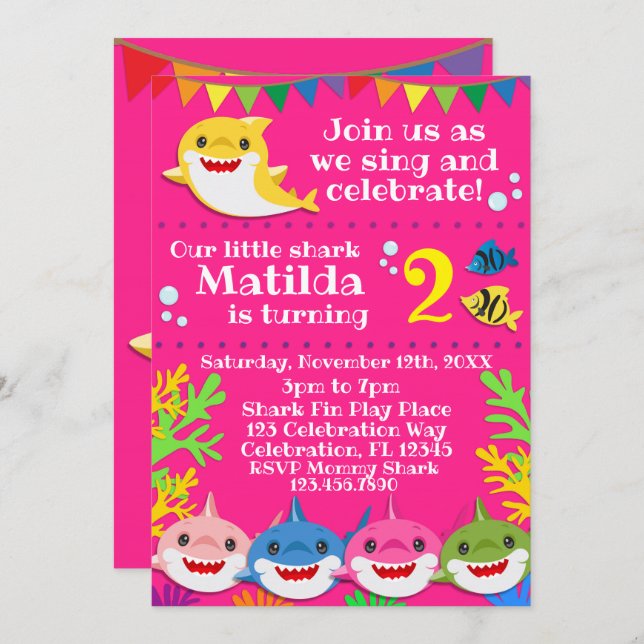 Sharks Pink Birthday Invitation (Front/Back)