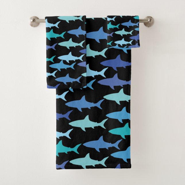 Sharks Silhouettes Shades of Blue-Black Background Bath Towel Set (Insitu)
