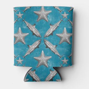 Sharks Starfish Ocean Life Nautical Coastal Blue Can Cooler
