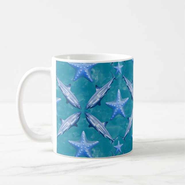 Sharks Starfish Ocean Life Nautical Coastal Blue Coffee Mug (Left)