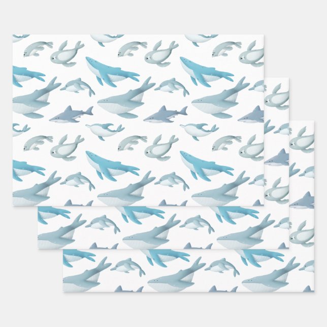 Sharks, Whales, Dolphins, Seals on White Wrapping Paper Sheet (Set)