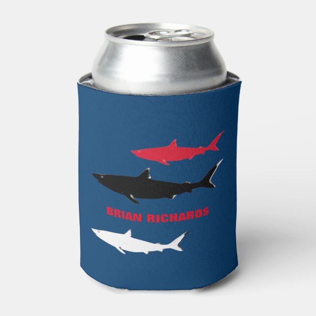 Sharks with his name, blue can cooler (Can Front)