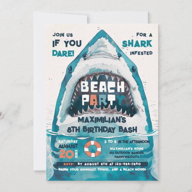Sharktastic Summer BEACH Party Invitation (Front)
