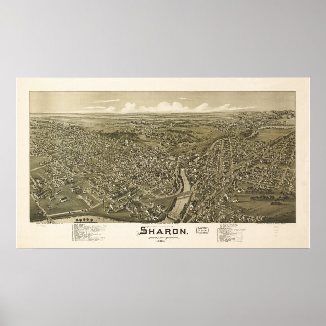 Sharon Pennsylvania 1901 Antique Panoramic Map Poster (Front)