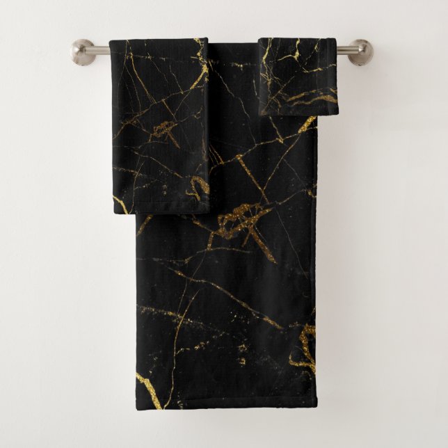 Sharp Black and Gold Marble Bath Towel Set (Insitu)