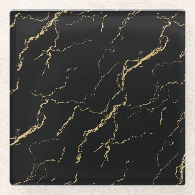 Sharp Black and Gold Marble Glass Coaster (Front)