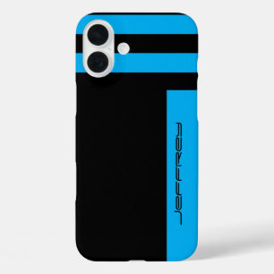 Sharp Blue Black Minimalist Stripe, Name, Simple iPhone 16 Plus Case