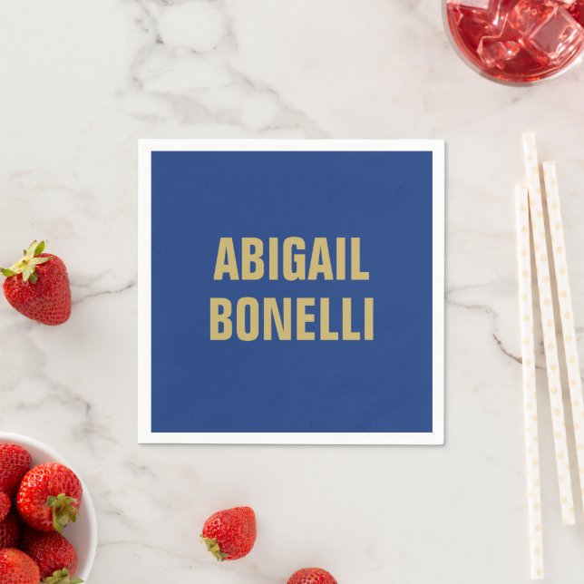 Sharp bold custom minimalist name gold blue colour napkin (Insitu)