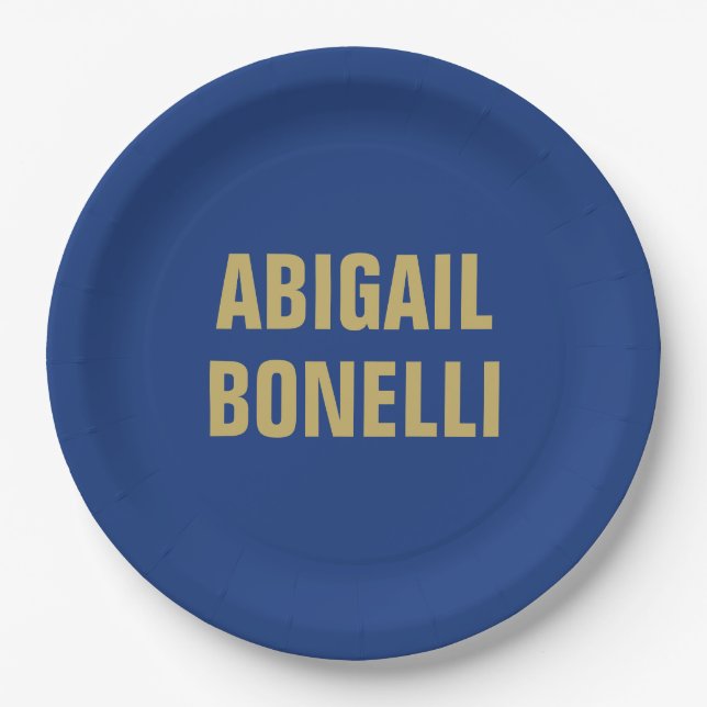 Sharp bold custom minimalist name gold blue colour paper plate (Front)