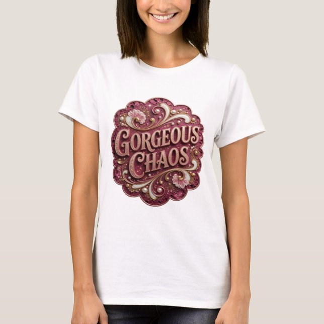 Sharp Gold GORGEOUS CHAOS 3D Text Art T-Shirt (Front)