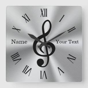 Sharp Personalized Treble Clef Clock, Silver Black Square Wall Clock