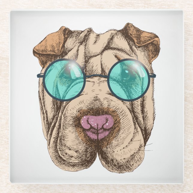 Sharpei In Sunglasses Glass Coaster (Front)