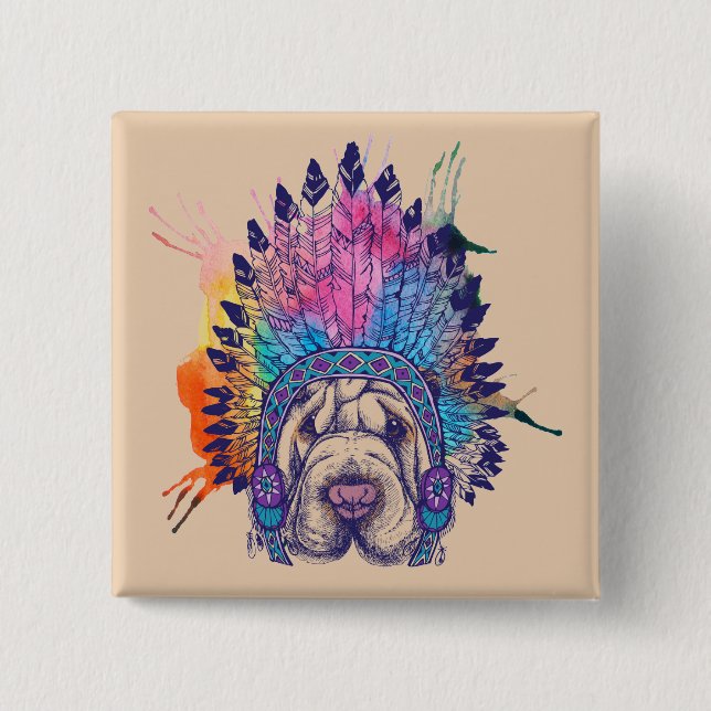 Sharpei Native American Indian Chief 2 Inch Square Button (Front)