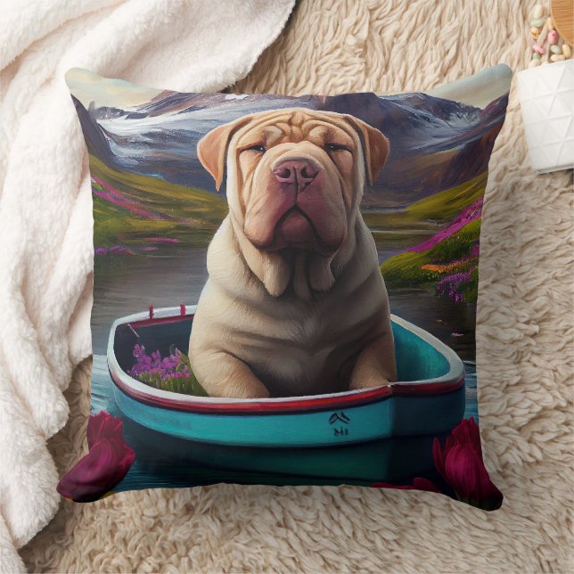 Sharpei on a Paddle: A Scenic Adventure Throw Pillow (Blanket)