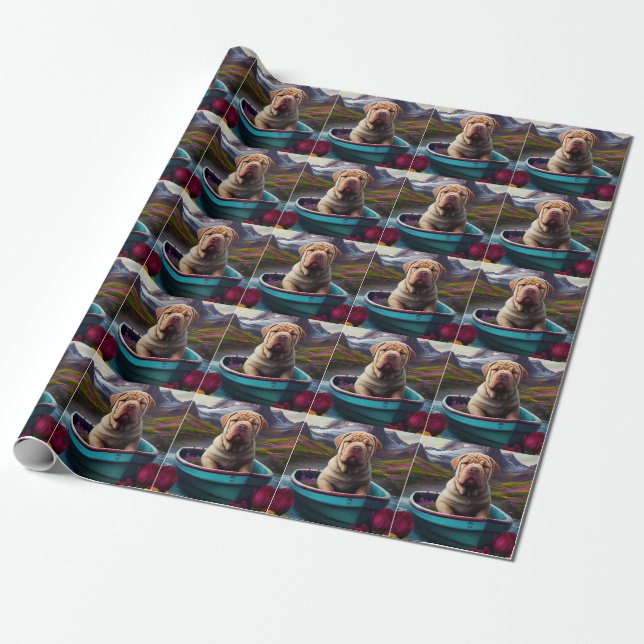 Sharpei on a Paddle: A Scenic Adventure Wrapping Paper (Unrolled)