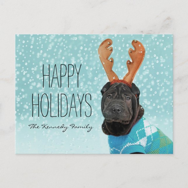 Sharpei Reindeer Holiday Postcard (Front)