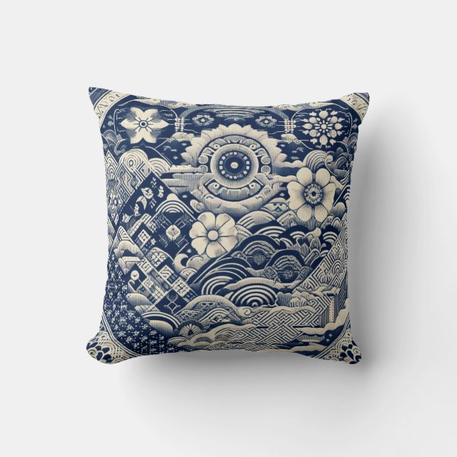 Shashiko-Inspired Design 2 Throw Pillow (Front)