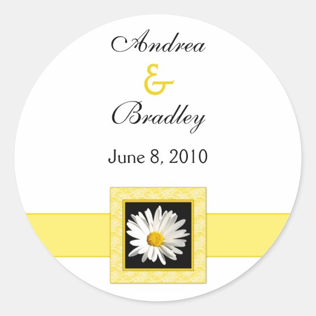 Shasta Daisy Gold Black Personalized Wedding Classic Round Sticker (Front)