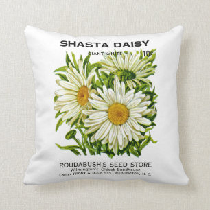 Shasta Daisy Vintage Seed Packet Throw Pillow