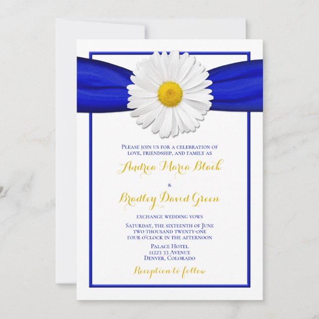 Shasta Daisy with Blue Ribbon Wedding Invitation (Front)