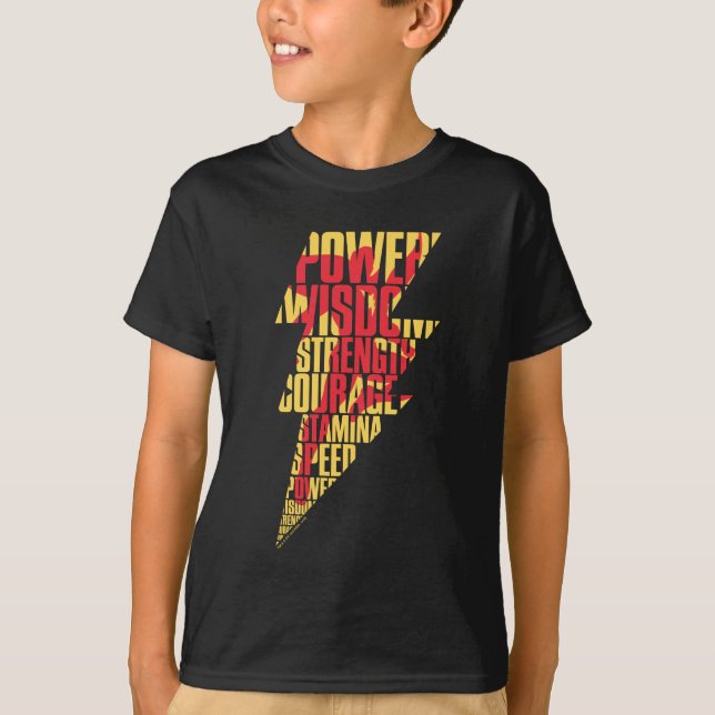 SHAZAM! | Shazam Abilities Lightning Graphic T-Shirt (Front)