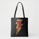 SHAZAM! | Shazam Abilities Lightning Graphic Tote Bag<br><div class="desc">Check out Shazam's abilities written out in yellow text,  with Shazam's silhouette in red over the front,  shaped into a lightning bolt. Wisdom of Solomon,  Strength of Hercules,  Stamina of Atlas,  Power of Zeus,  Courage of Achilles,  Speed of Mercury.</div>