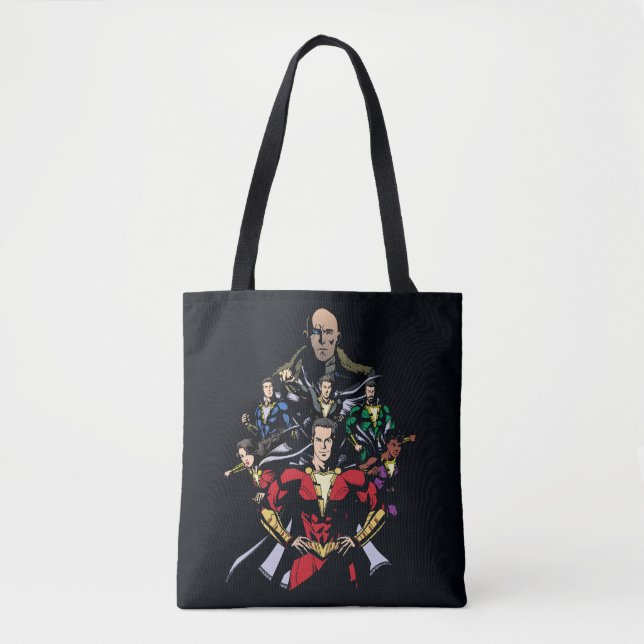 SHAZAM! | Shazam Family Vs. Dr. Sivana Tote Bag (Front)