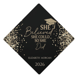  She Believed Gold Glitter Grad Cap,Dots  Graduation Cap Topper