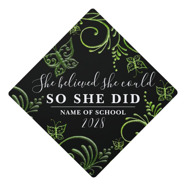 She Believed Green Black Glitter Floral Butterfly Graduation Cap Topper (Front)