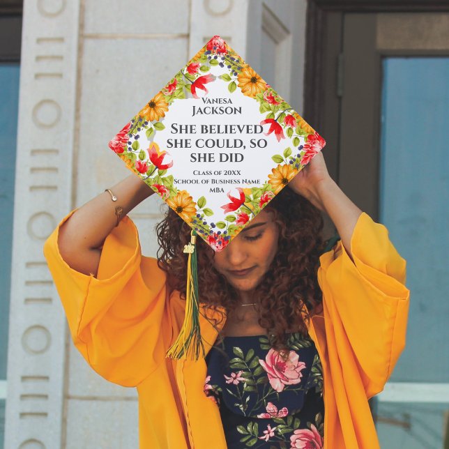 She Believed Modern Bright Floral MBA Graduation Cap Topper (Creator Uploaded)