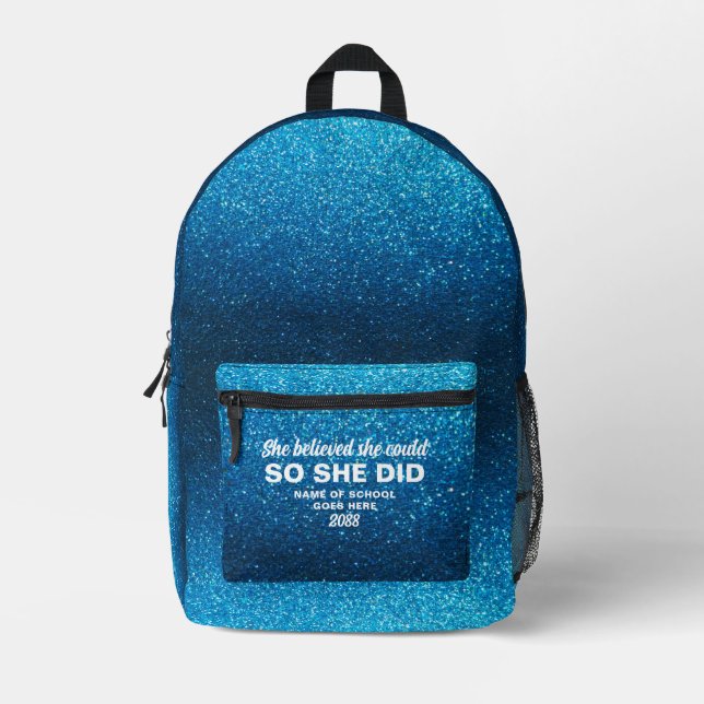 She Believed She Could Aqua Blue Glitter Sparkles Printed Backpack (Front)