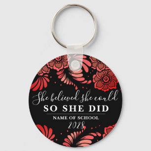 She Believed She Could Black and Red Flower Floral Keychain