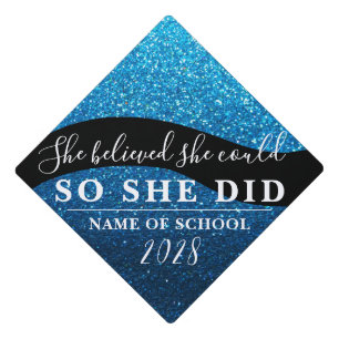 She Believed She Could Black Blue Glitter Sparkles Graduation Cap Topper