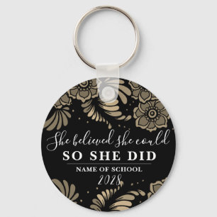 She Believed She Could Black Gold Flower Floral Keychain