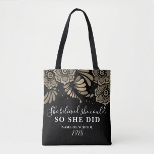She Believed She Could Black Gold Flower Floral Tote Bag