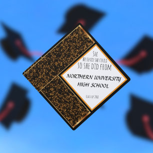 She Believed She Could Black Gold Glitter Grad Graduation Cap Topper