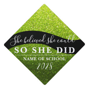 She Believed She Could Black Green Glitter Sparkle Graduation Cap Topper