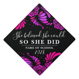 She Believed She Could Black Magenta Flower Floral Graduation Cap Topper